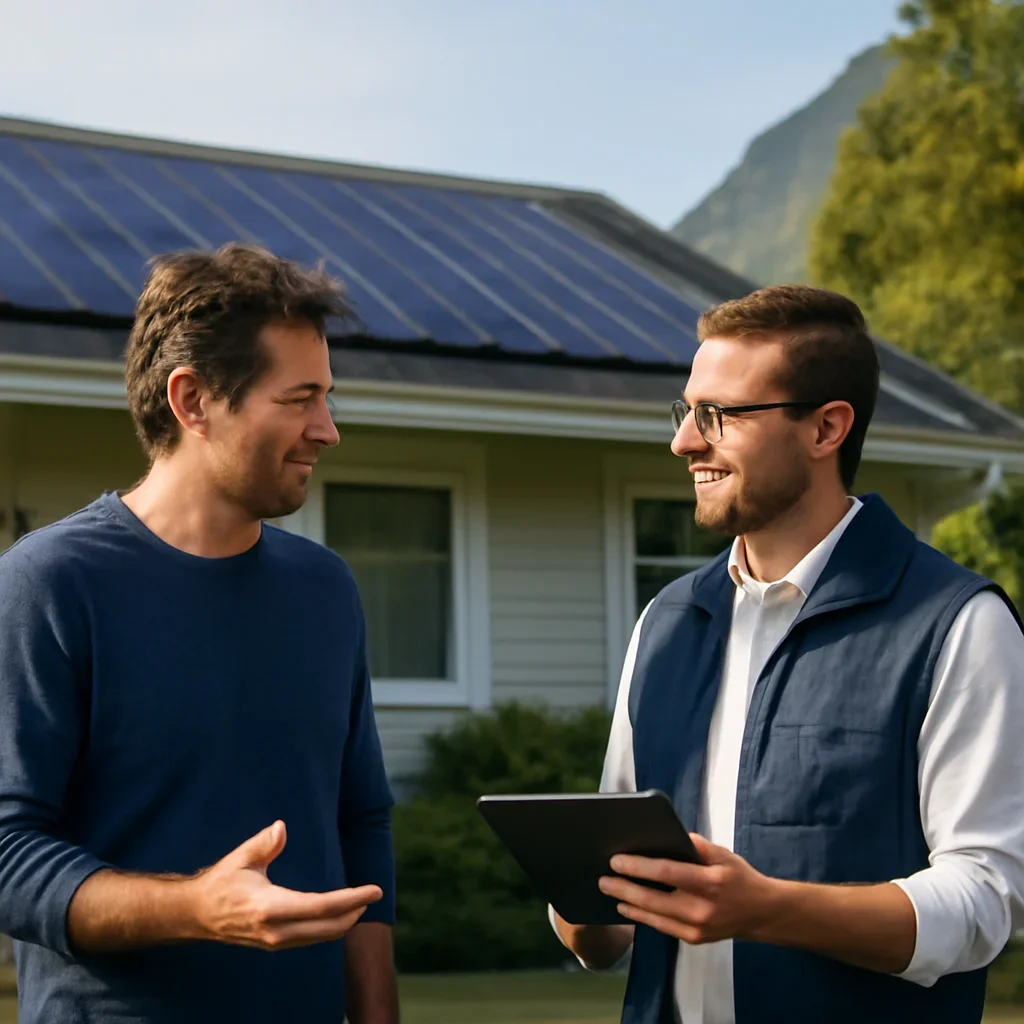 Homeowner and solar advisor discussing next steps for a solar installation