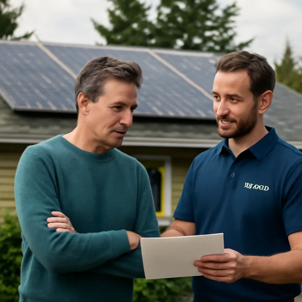 Homeowner and solar advisor discussing next steps for a solar installation