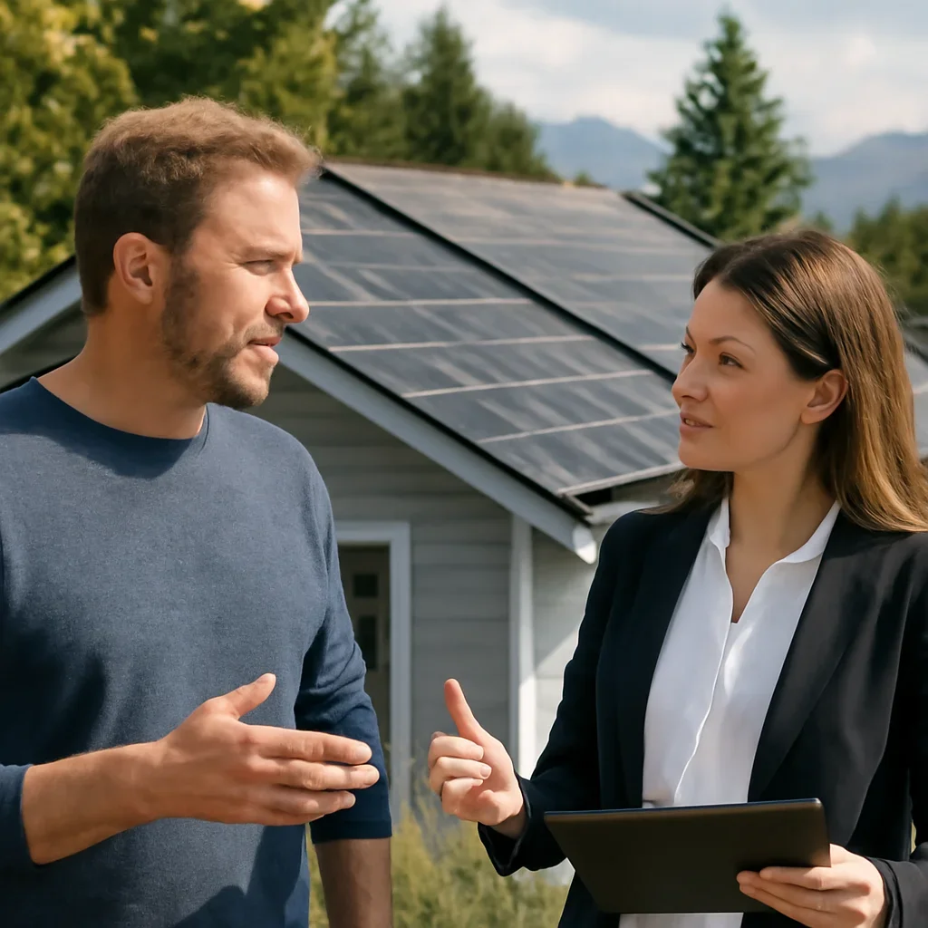 Homeowner and solar advisor discussing next steps for a solar installation