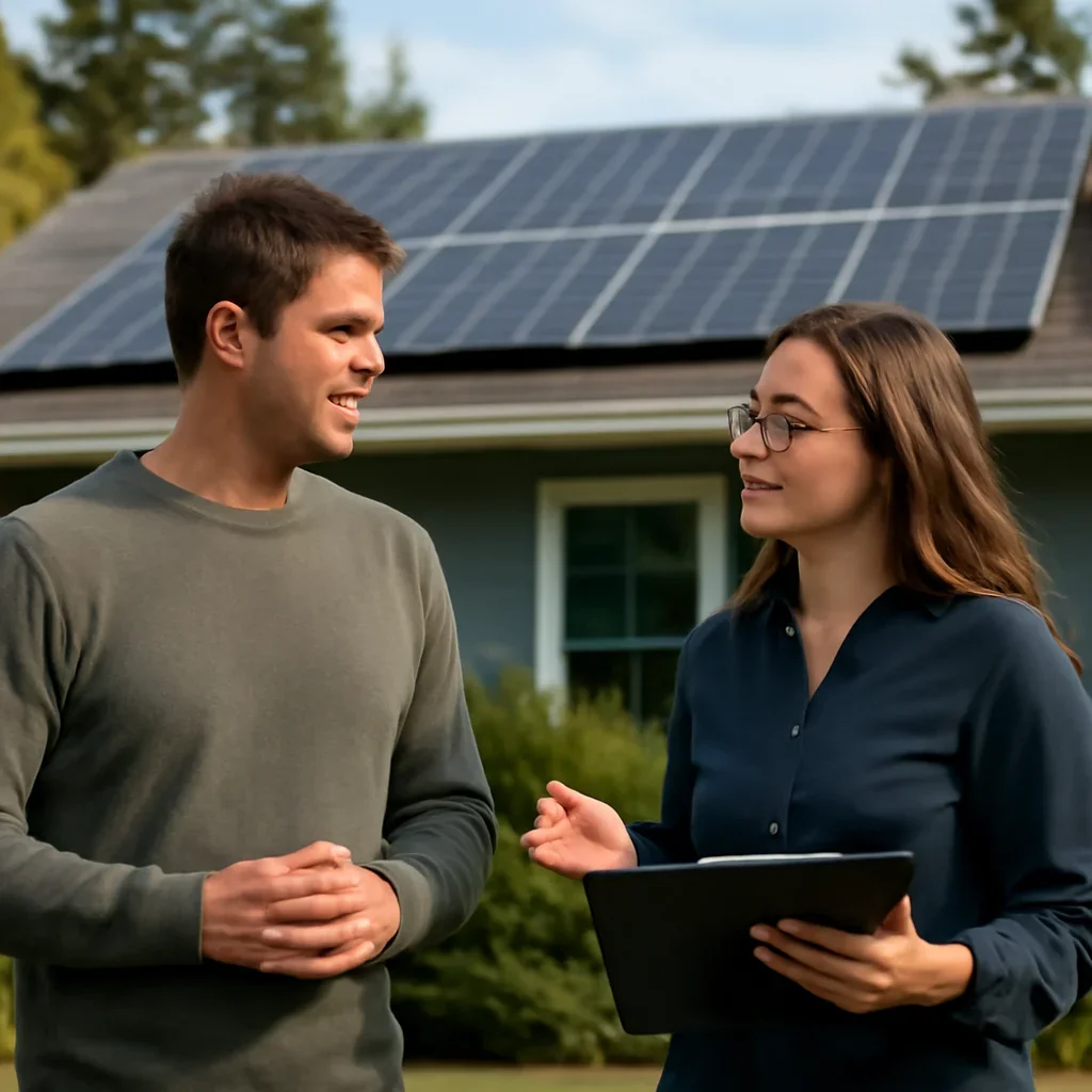 Homeowner and solar advisor discussing next steps for a solar installation