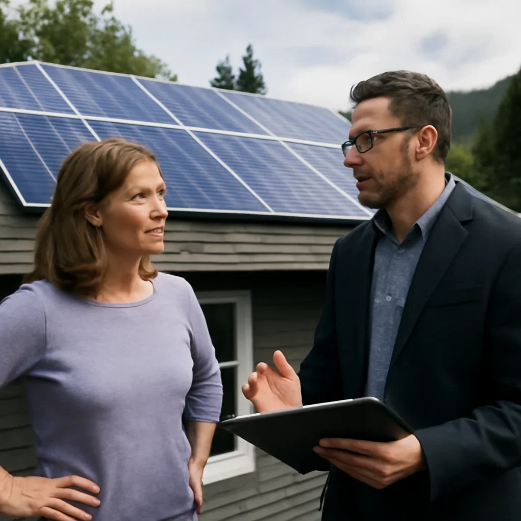 Homeowner and solar advisor discussing next steps for a solar installation