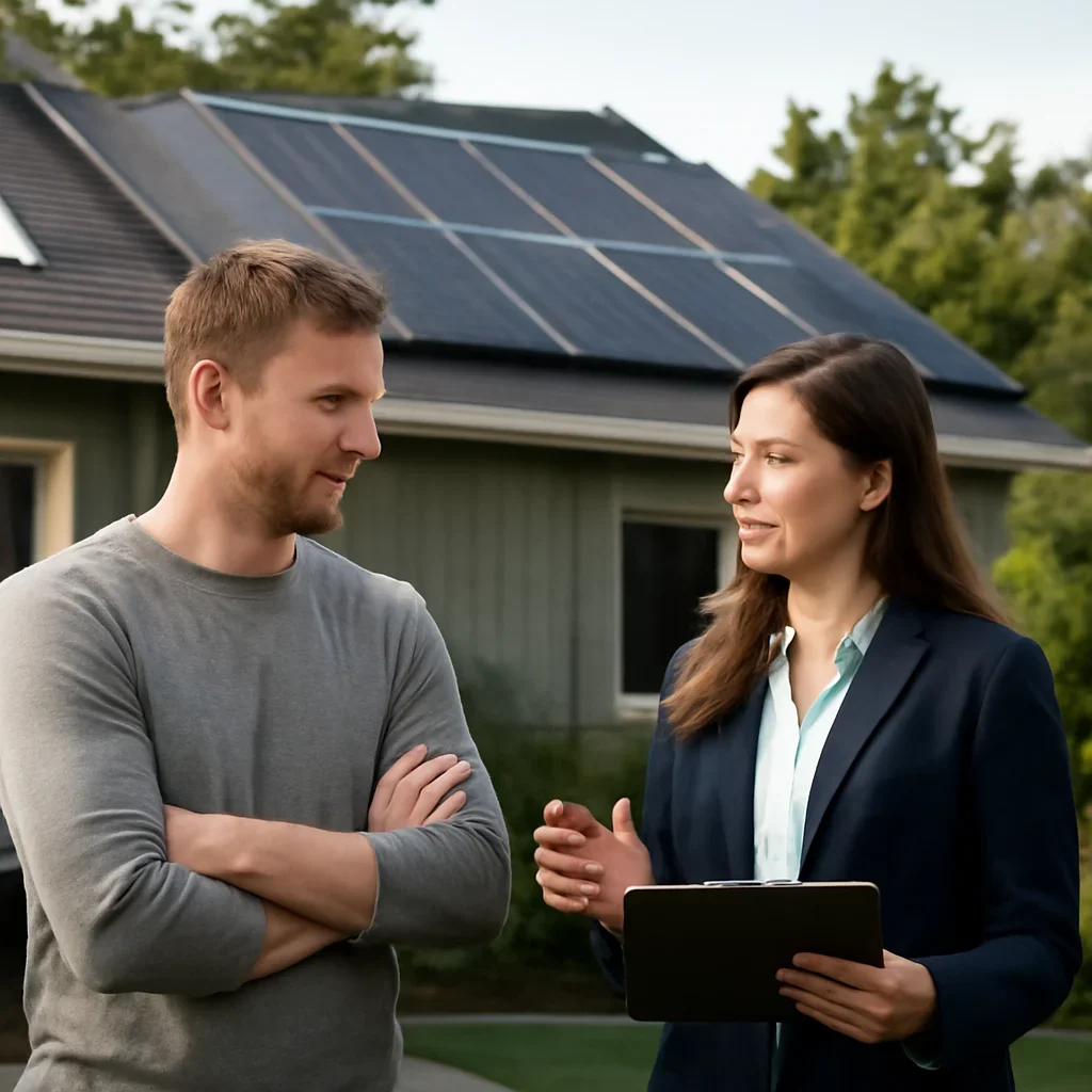 Homeowner and solar advisor discussing next steps for a solar installation
