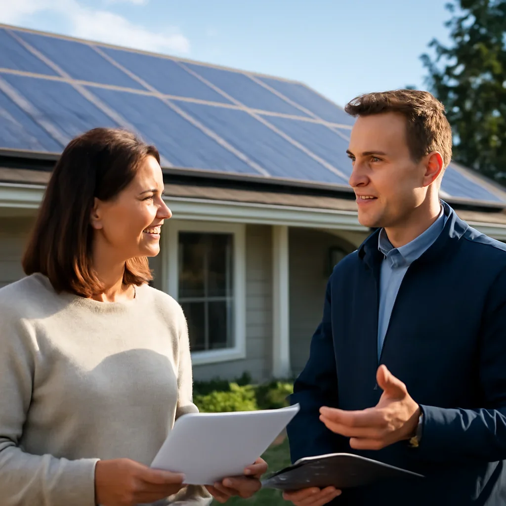 Homeowner and solar advisor discussing next steps for a solar installation