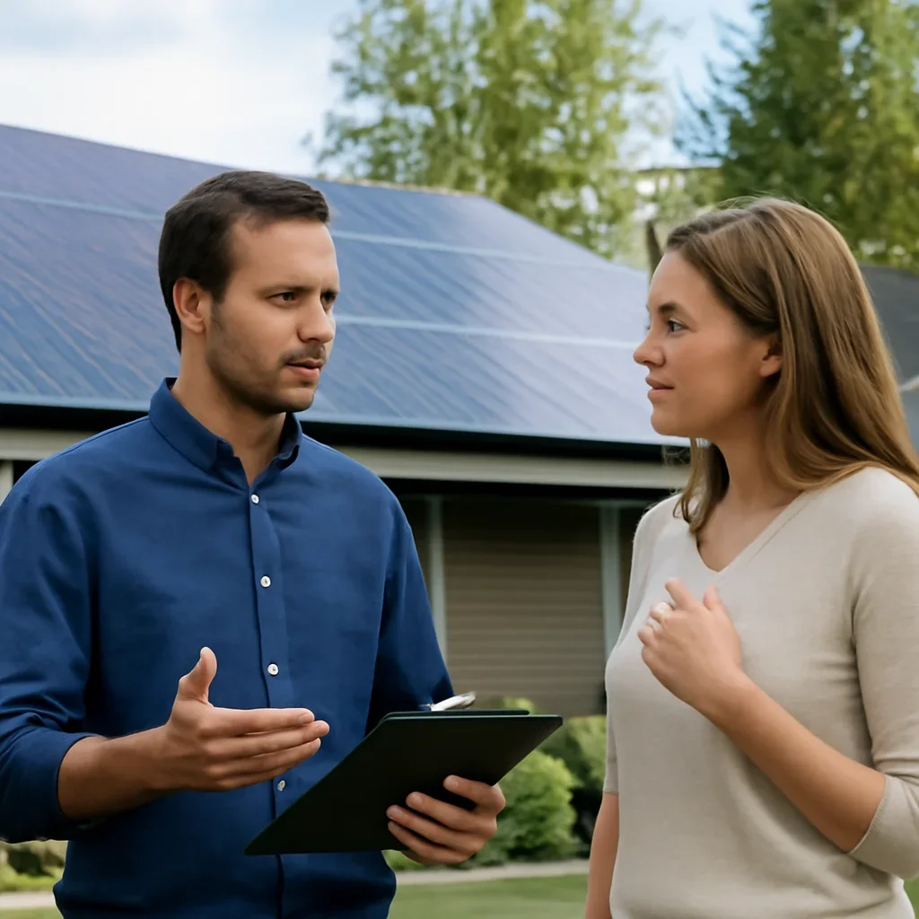 Homeowner and solar advisor discussing next steps for a solar installation