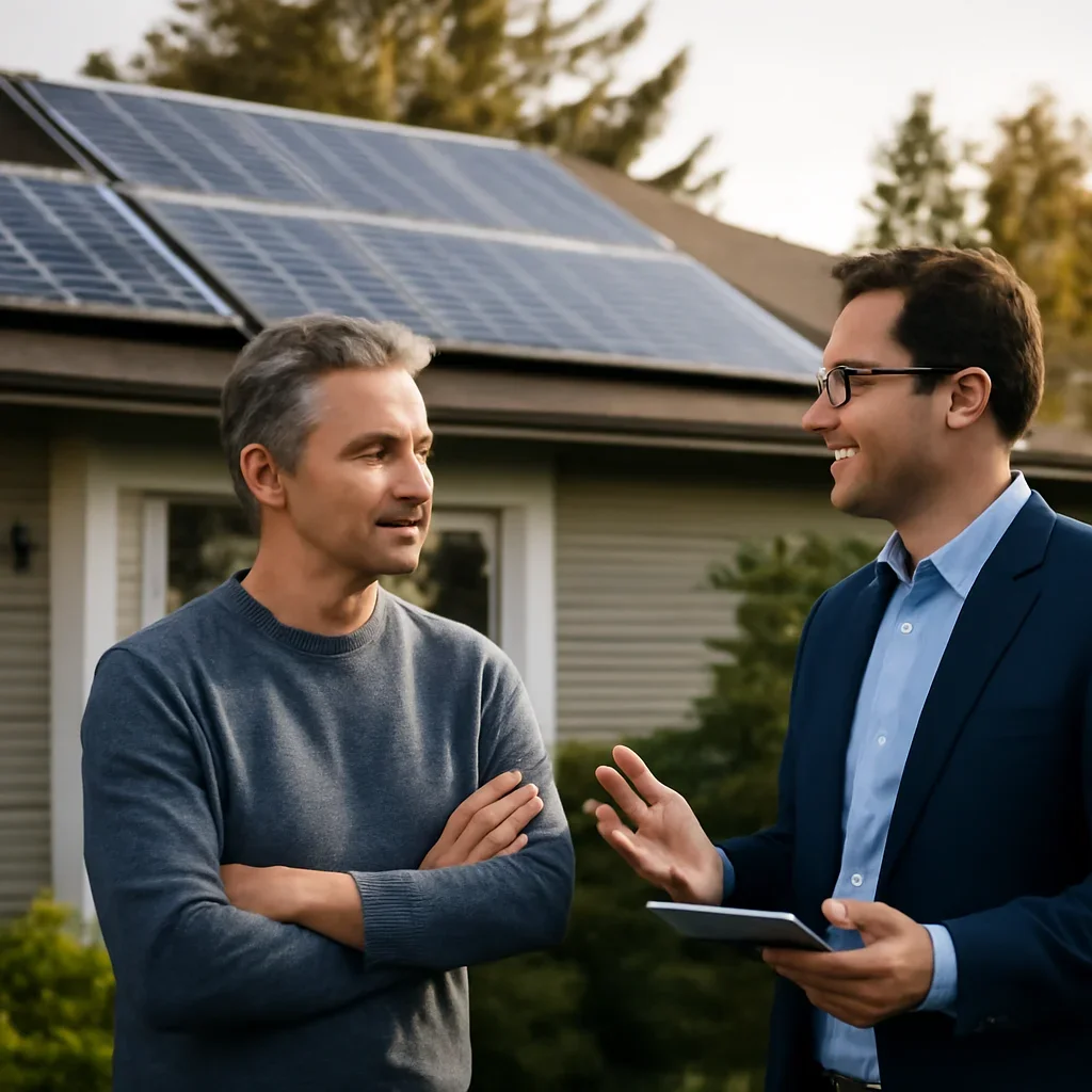 Homeowner and solar advisor discussing next steps for a solar installation