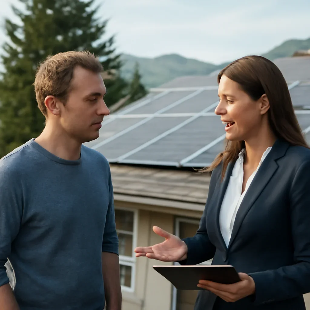 Homeowner and solar advisor discussing next steps for a solar installation