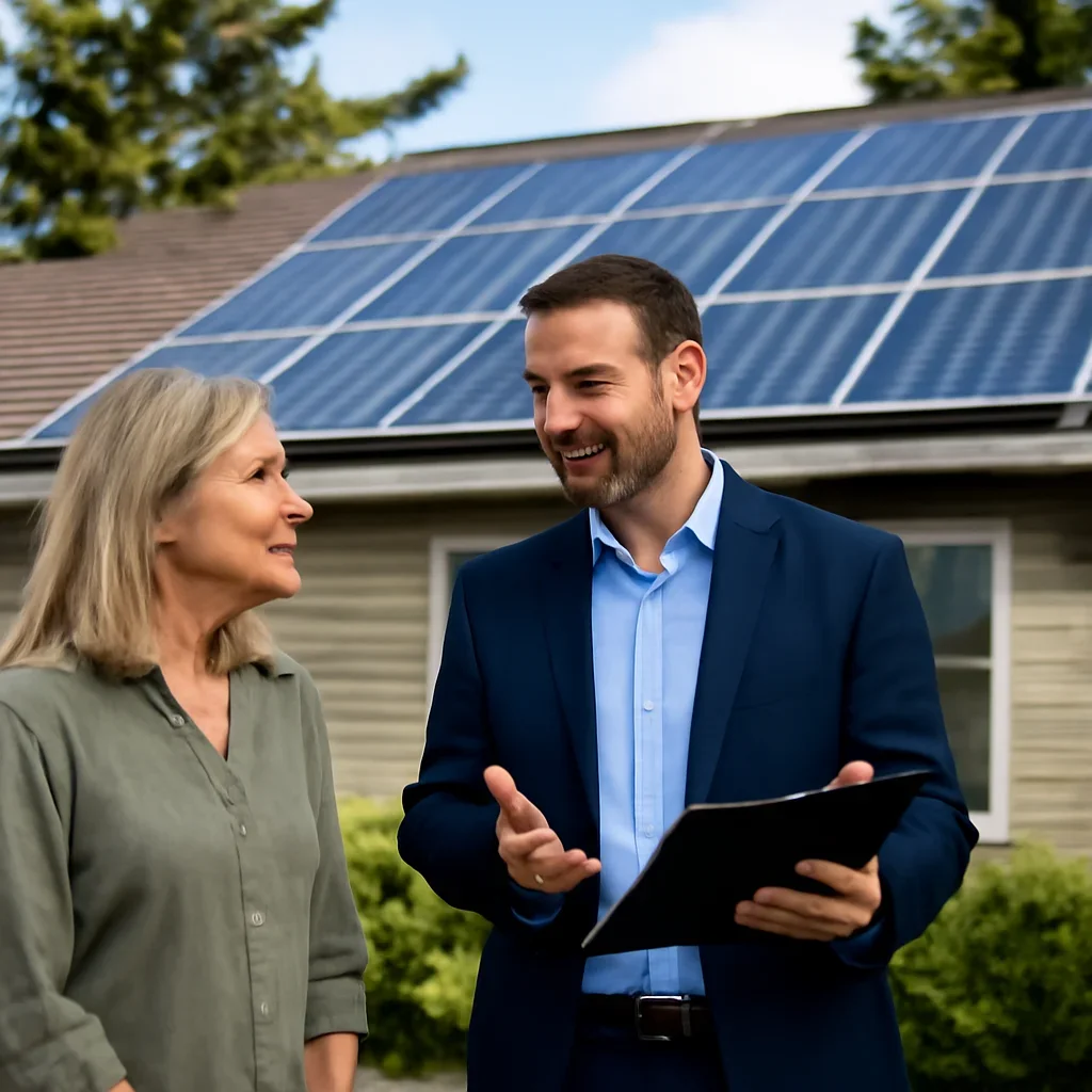 Homeowner and solar advisor discussing next steps for a solar installation
