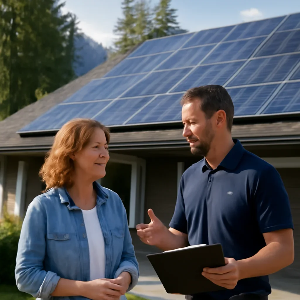 Homeowner and solar advisor discussing next steps for a solar installation