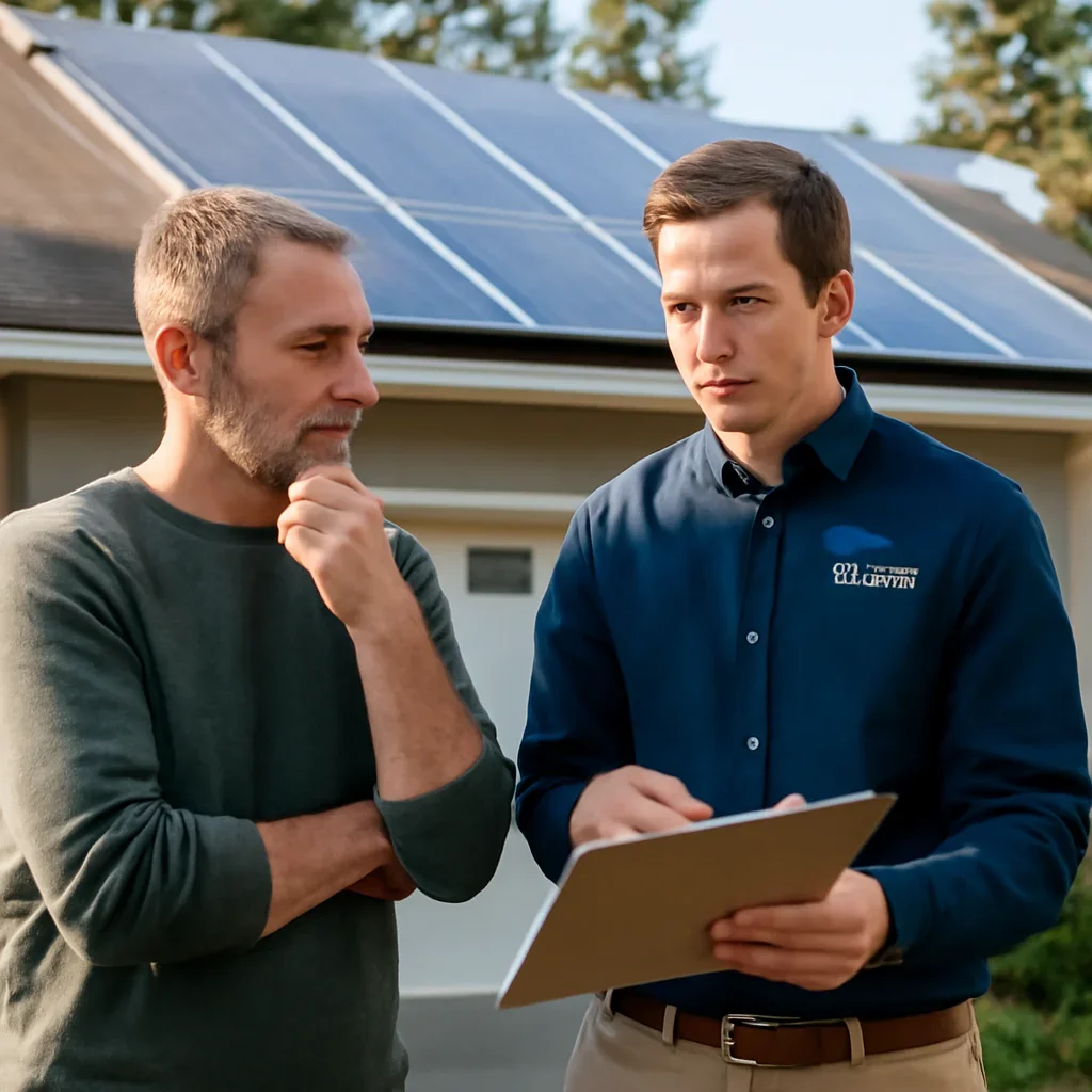 Homeowner and solar advisor discussing next steps for a solar installation