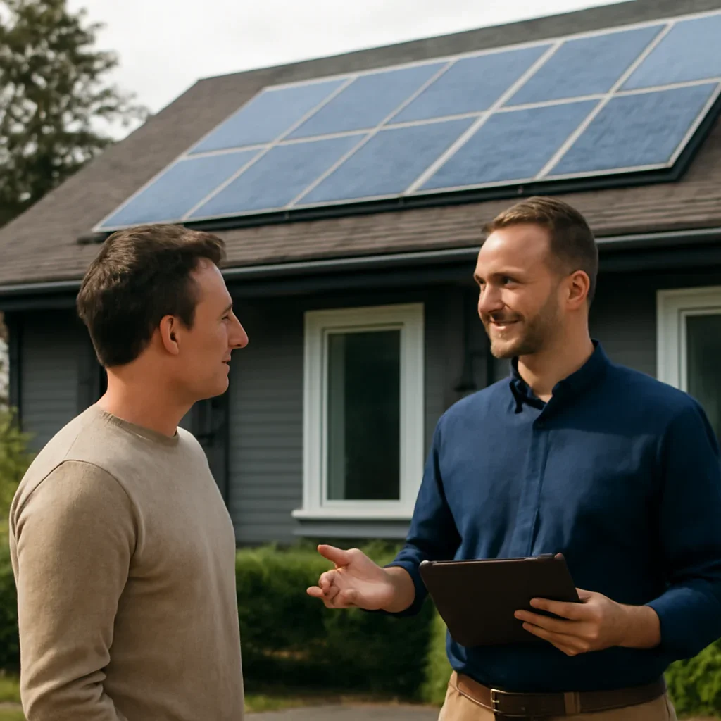 Homeowner and solar advisor discussing next steps for a solar installation
