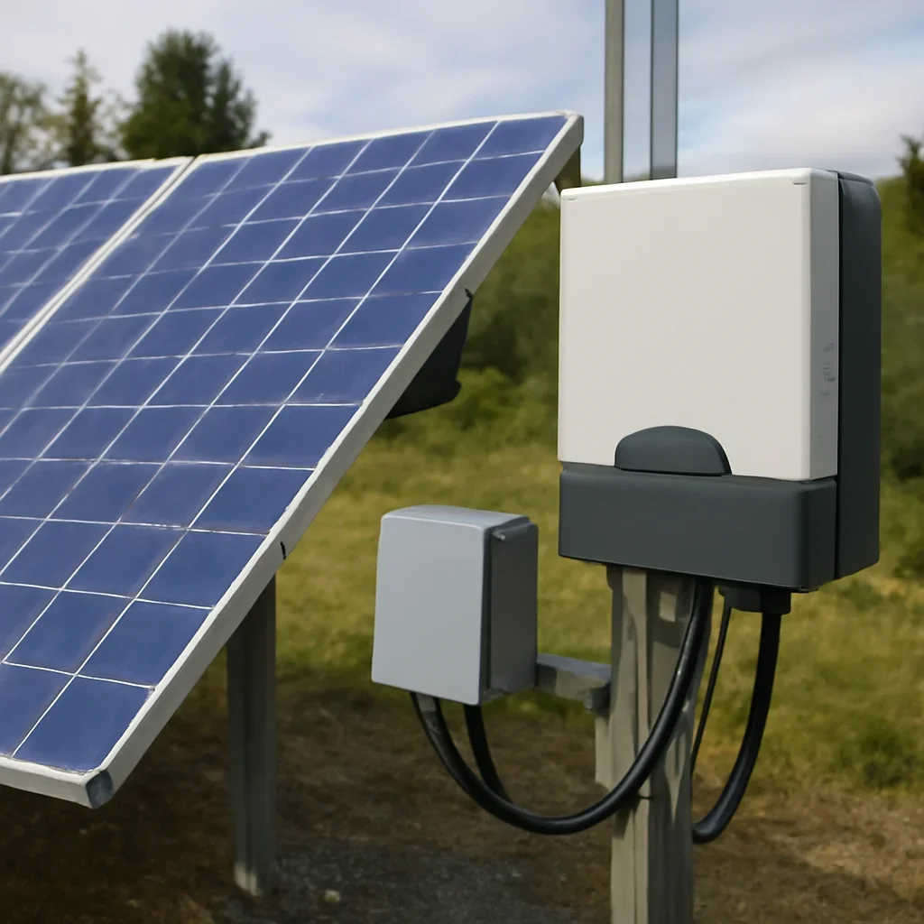 Close view of solar panels and system components referenced in the article