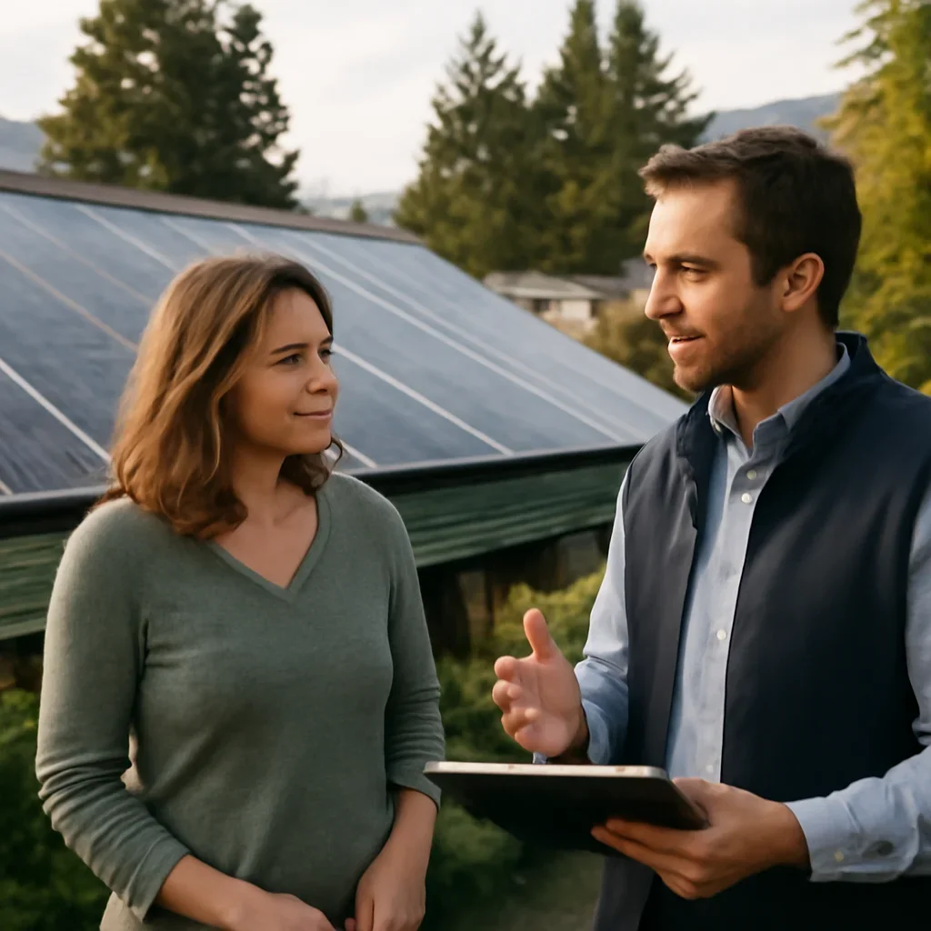 Homeowner and solar advisor discussing next steps for a solar installation