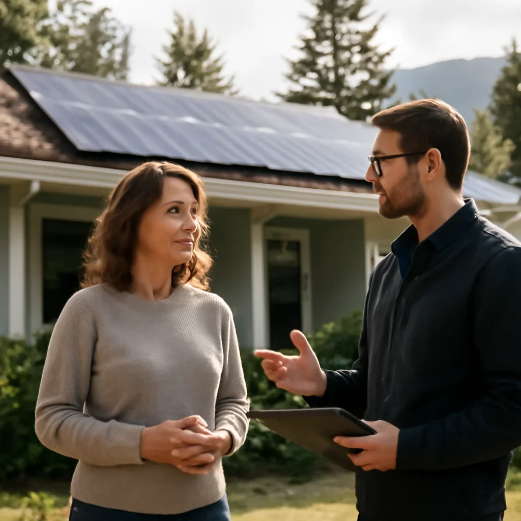 Homeowner and solar advisor discussing next steps for a solar installation