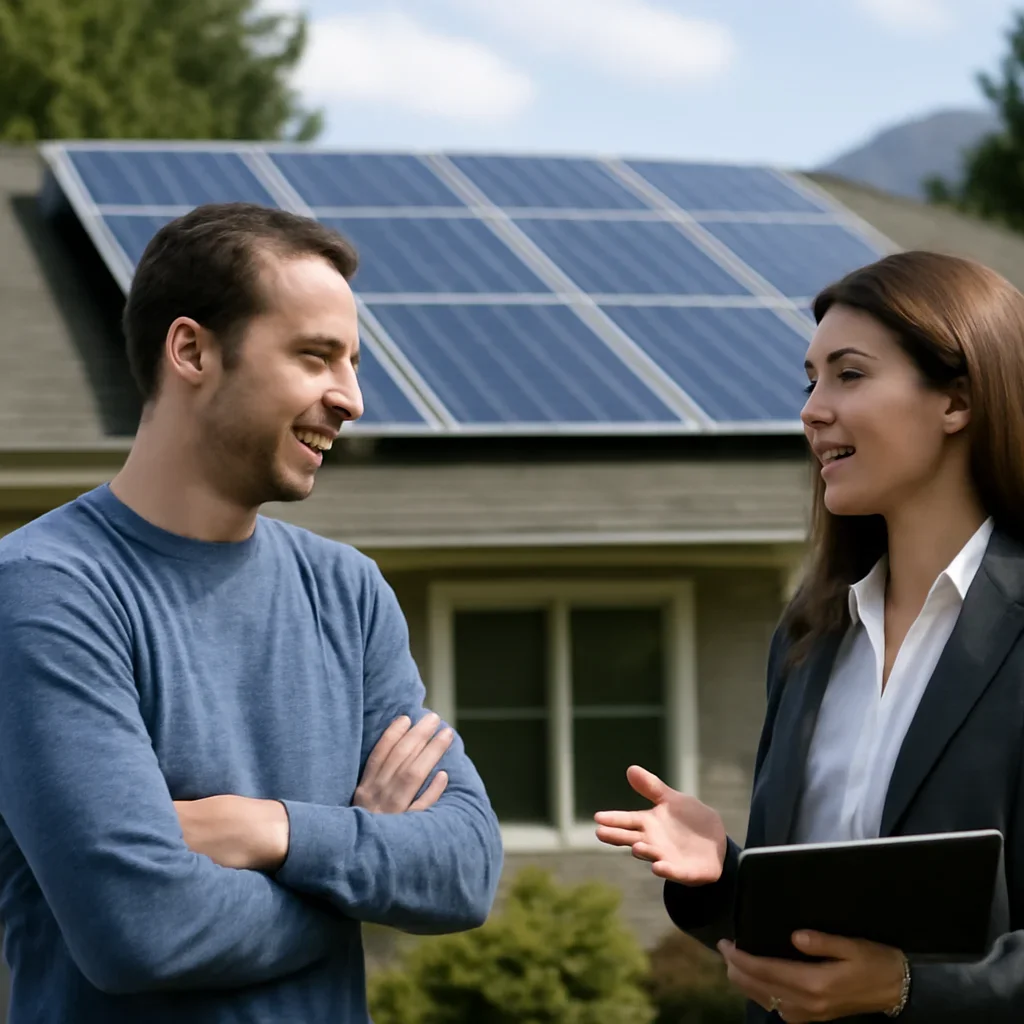 Homeowner and solar advisor discussing next steps for a solar installation