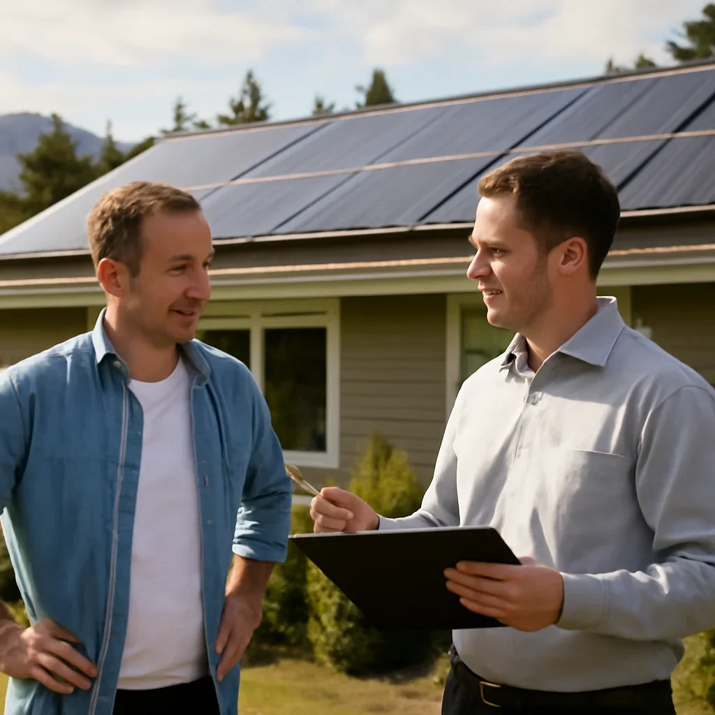 Homeowner and solar advisor discussing next steps for a solar installation