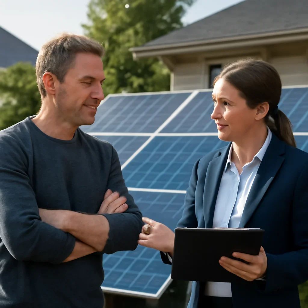 Homeowner and solar advisor discussing next steps for a solar installation