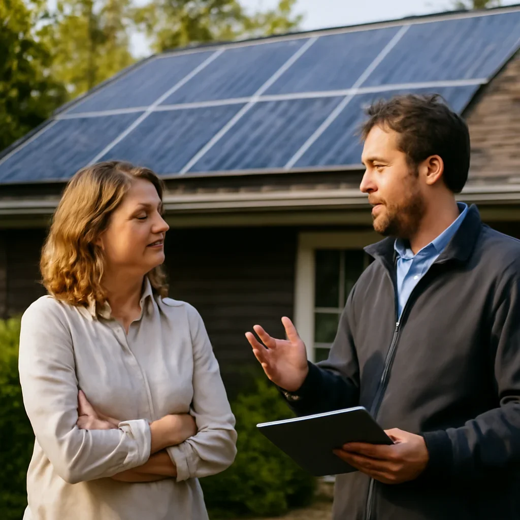 Homeowner and solar advisor discussing next steps for a solar installation