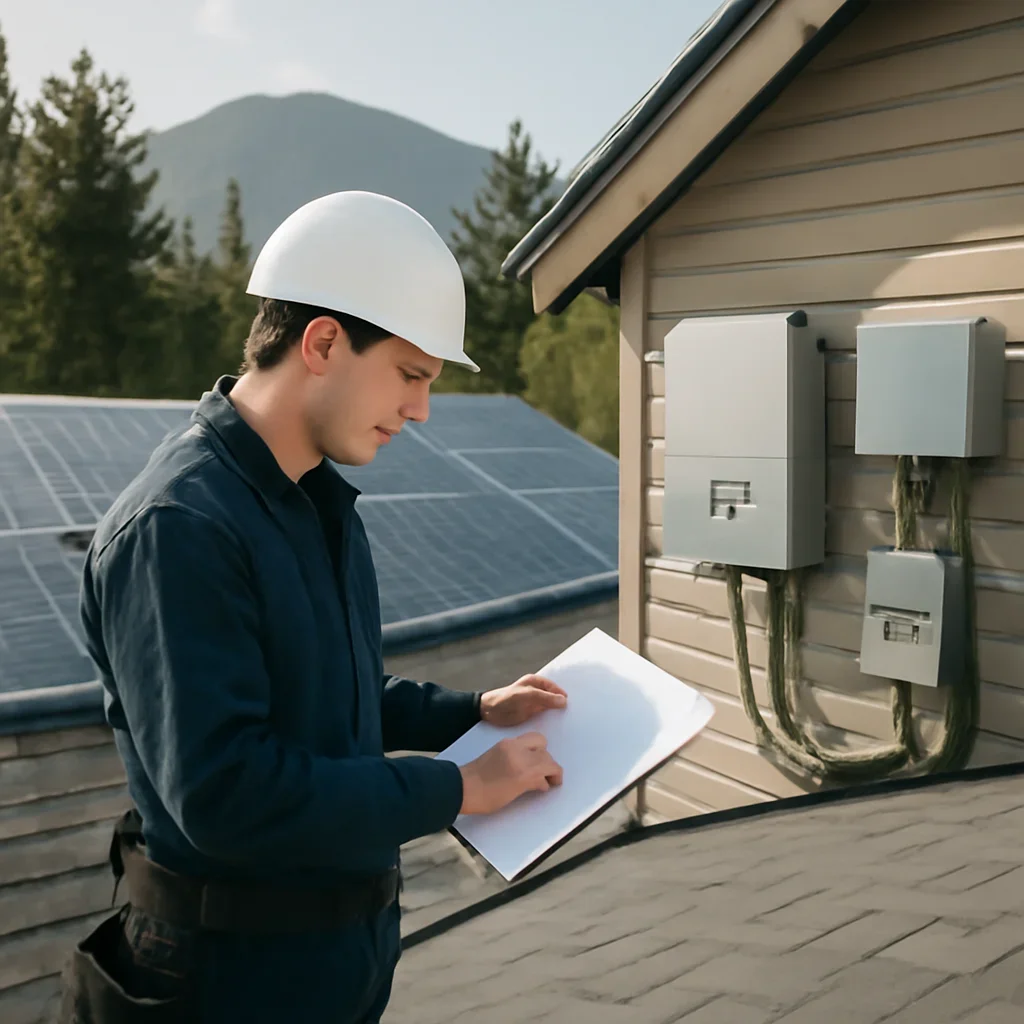 Installer reviewing electrical and roof details for a BC solar system