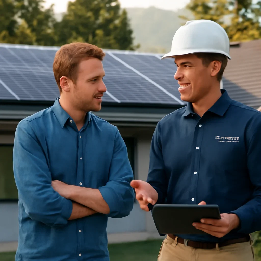 Homeowner and solar advisor discussing next steps for a solar installation