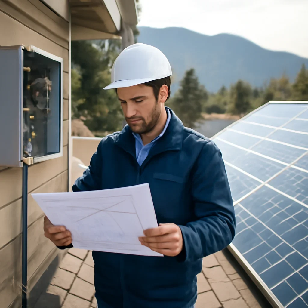 Installer reviewing electrical and roof details for a BC solar system