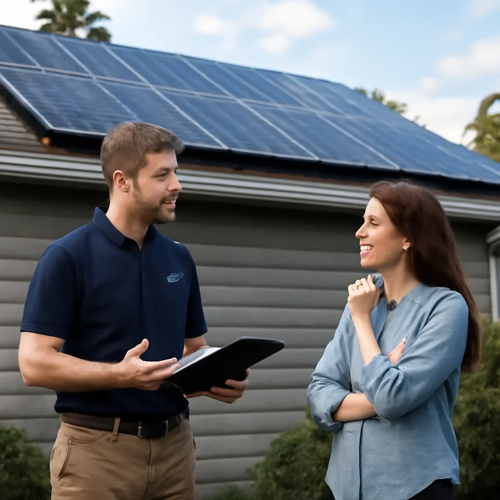 Homeowner and solar advisor discussing next steps for a solar installation
