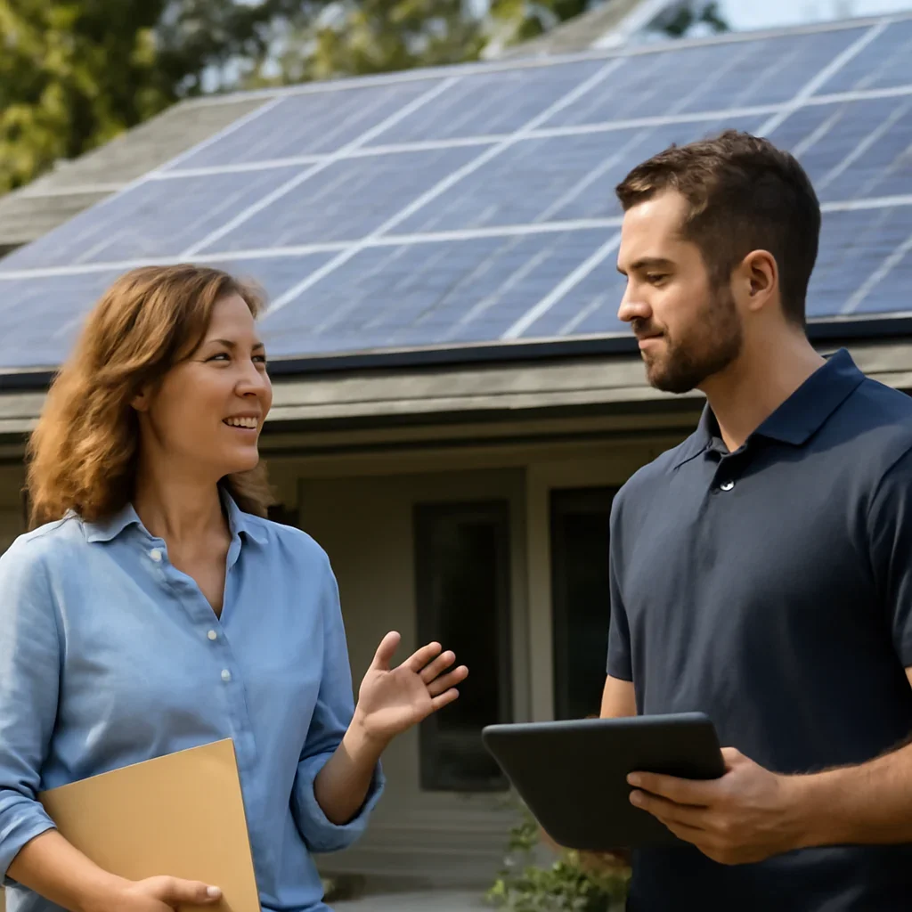 Homeowner and solar advisor discussing next steps for a solar installation