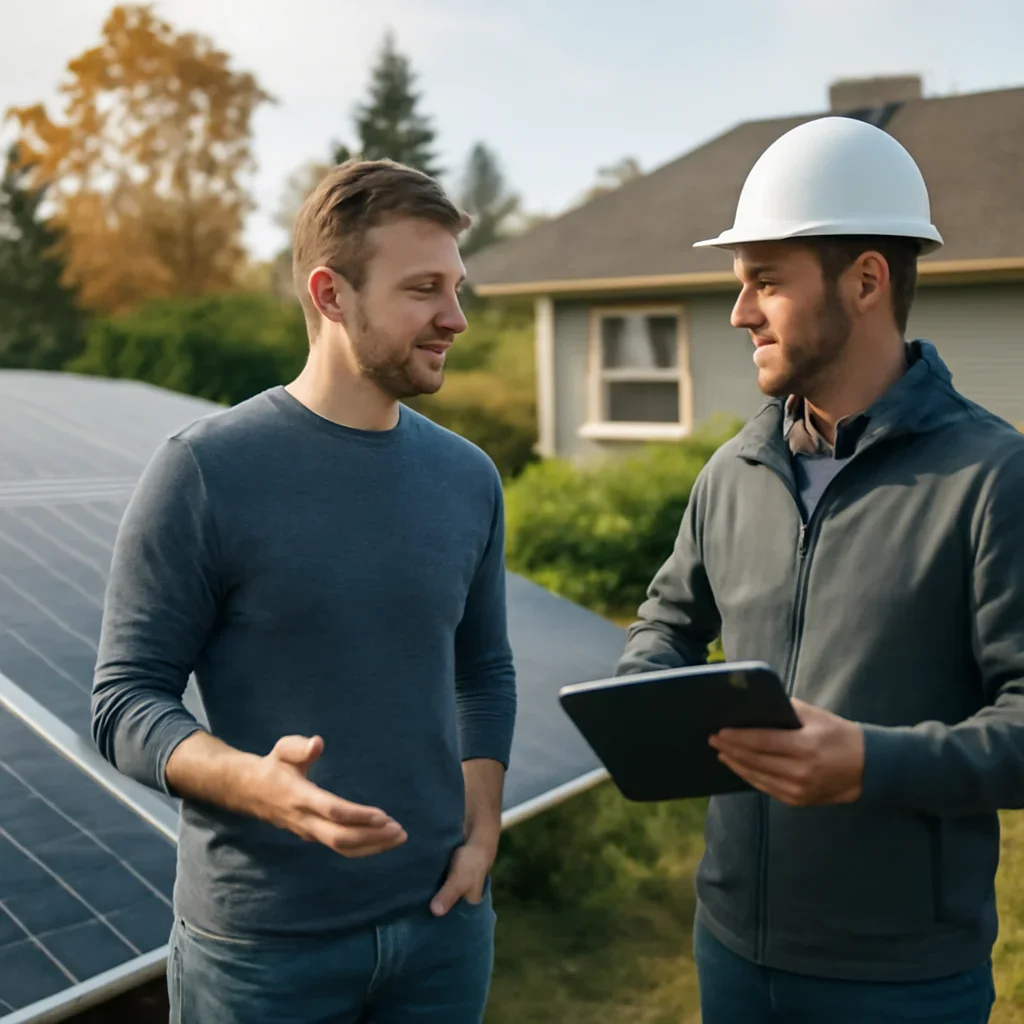 Homeowner and solar advisor discussing next steps for a solar installation