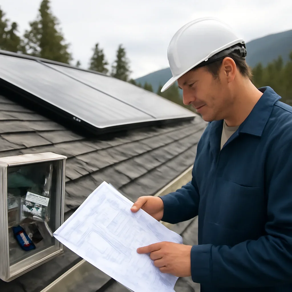 Installer reviewing electrical and roof details for a BC solar system