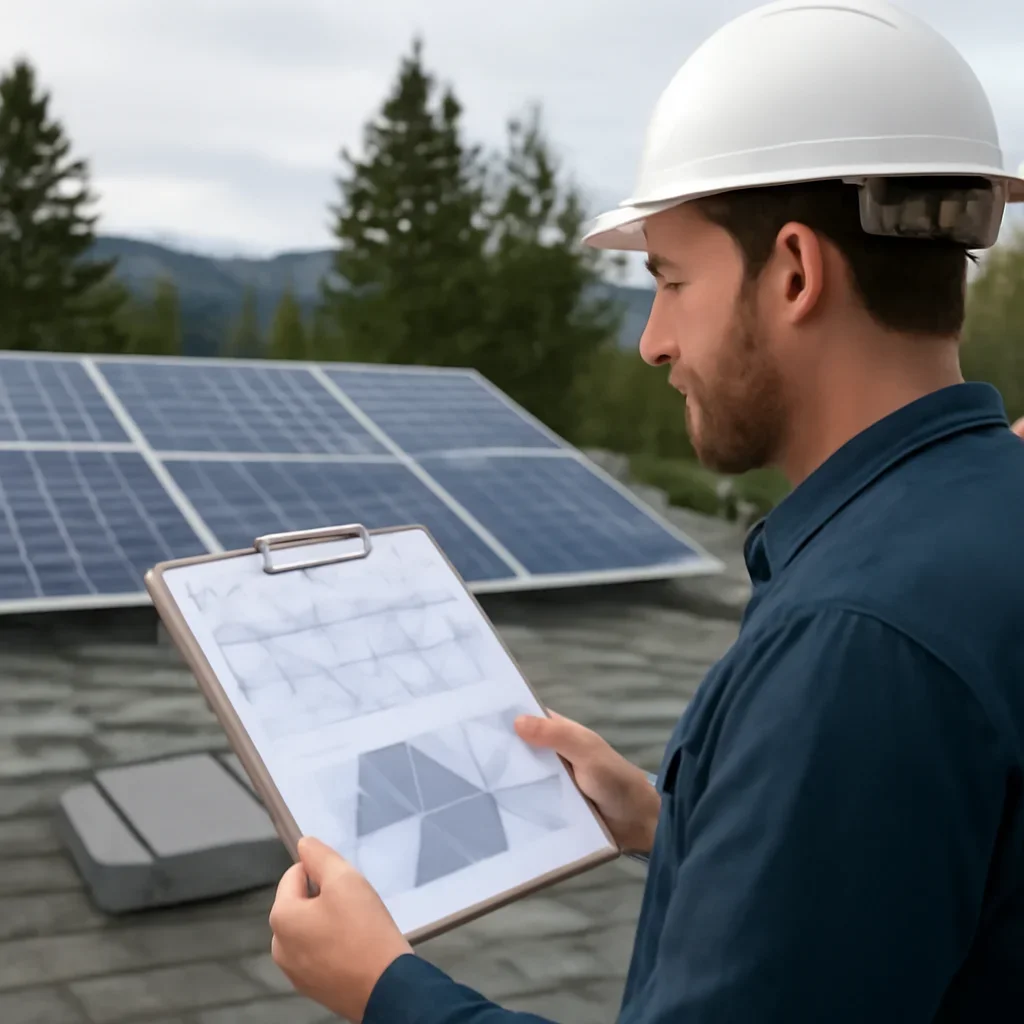 Installer reviewing electrical and roof details for a BC solar system