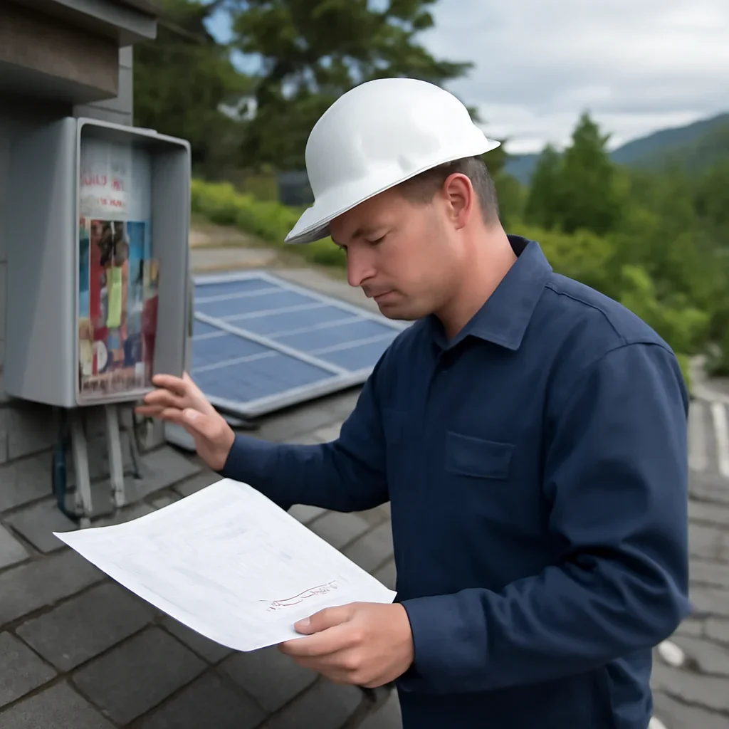 Installer reviewing electrical and roof details for a BC solar system