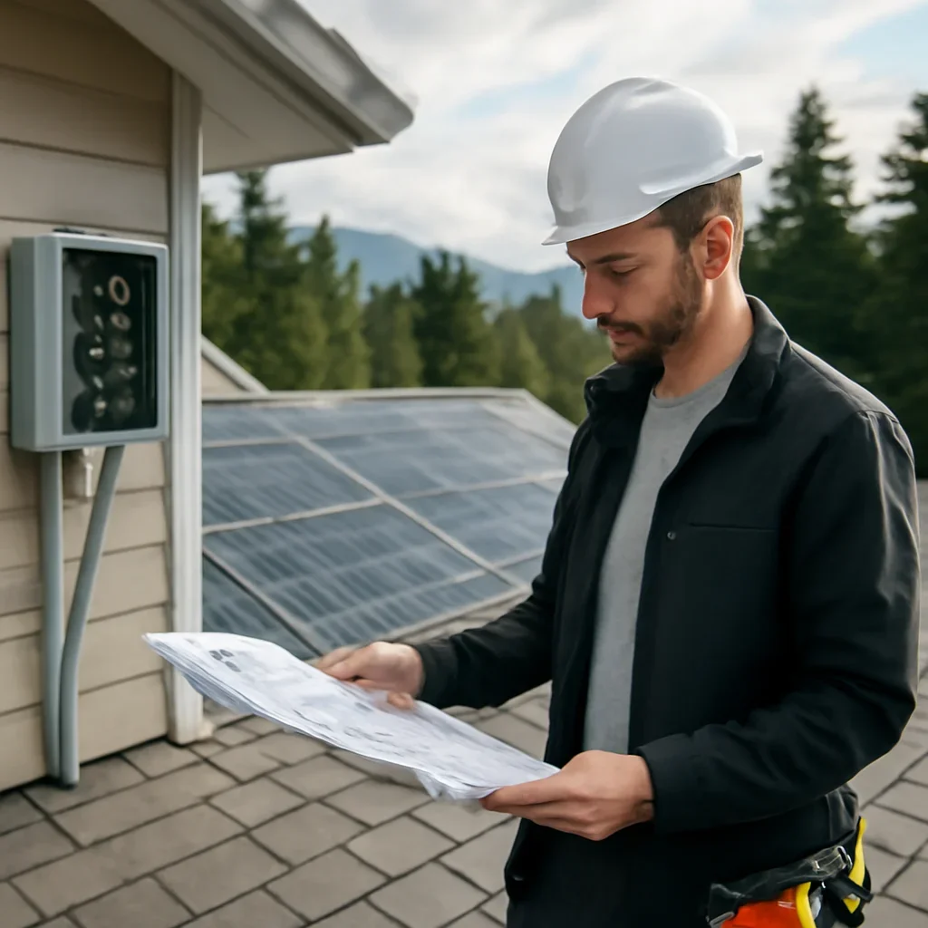 Installer reviewing electrical and roof details for a BC solar system