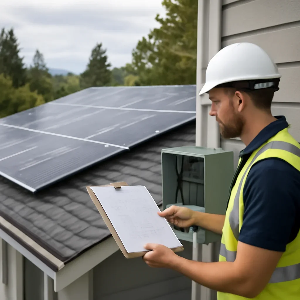 Installer reviewing electrical and roof details for a BC solar system