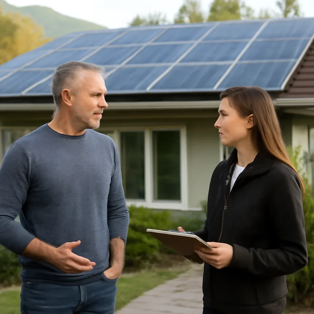 Homeowner and solar advisor discussing next steps for a solar installation
