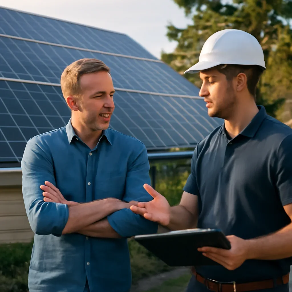 Homeowner and solar advisor discussing next steps for a solar installation