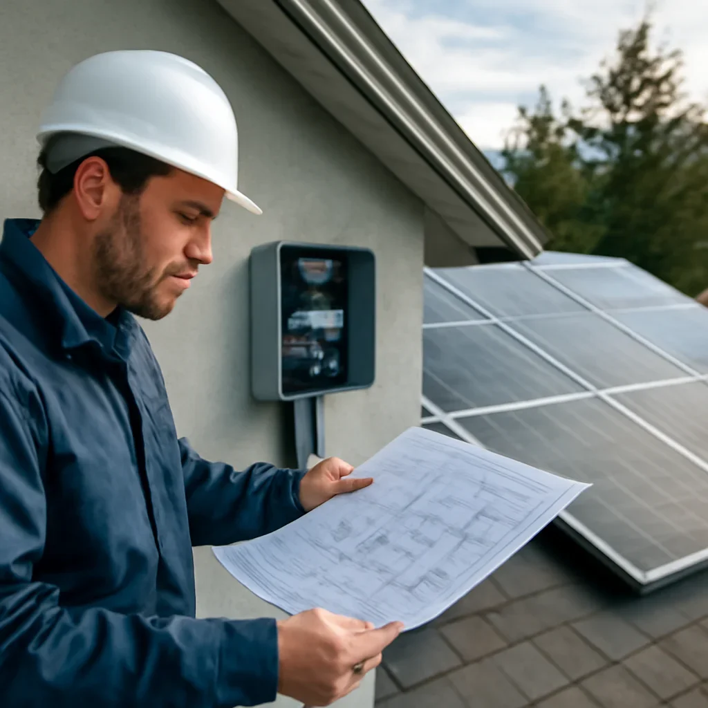 Installer reviewing electrical and roof details for a BC solar system