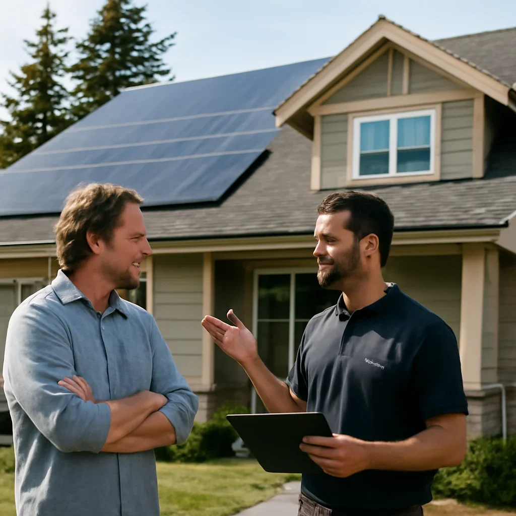 Homeowner and solar advisor discussing next steps for a solar installation
