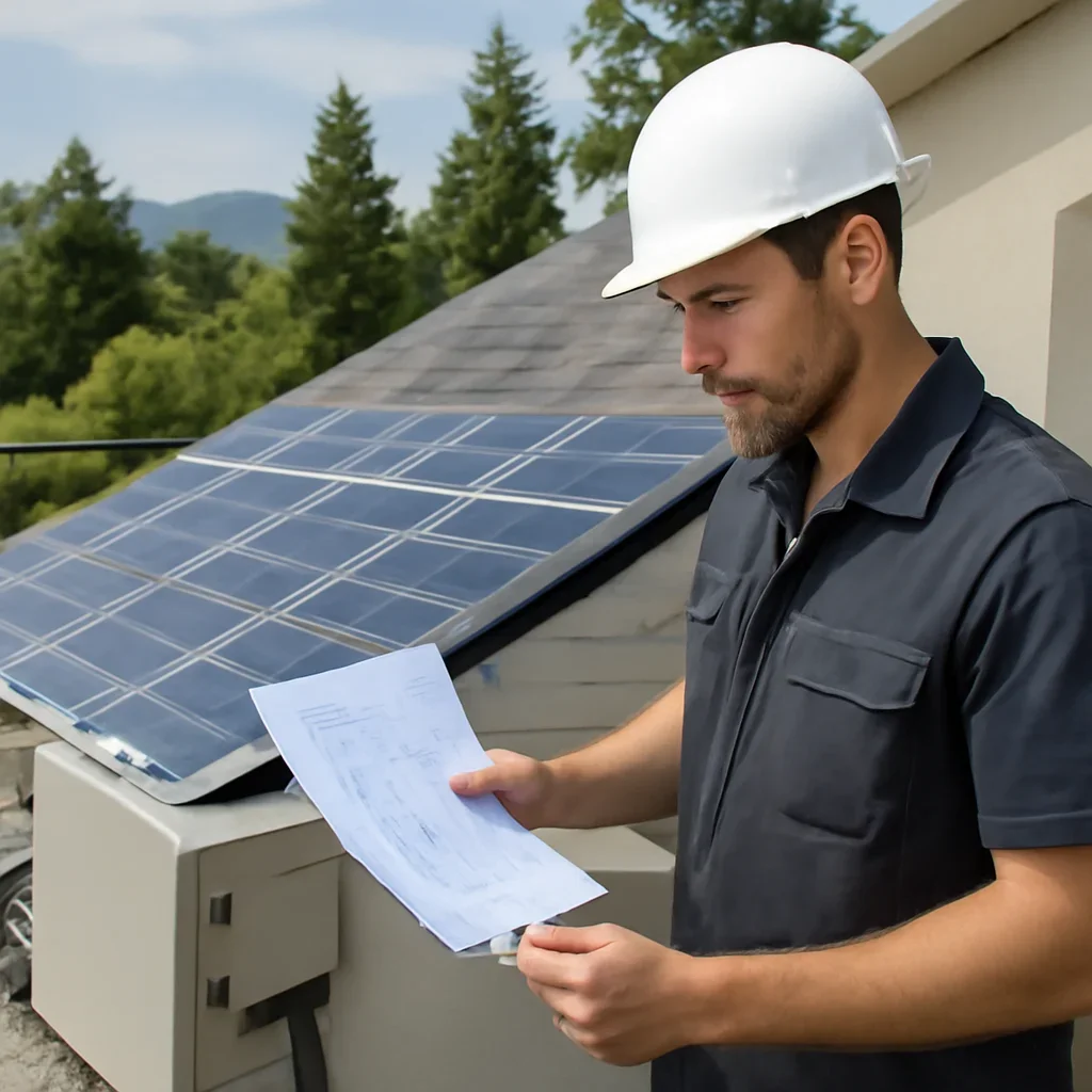 Installer reviewing electrical and roof details for a BC solar system