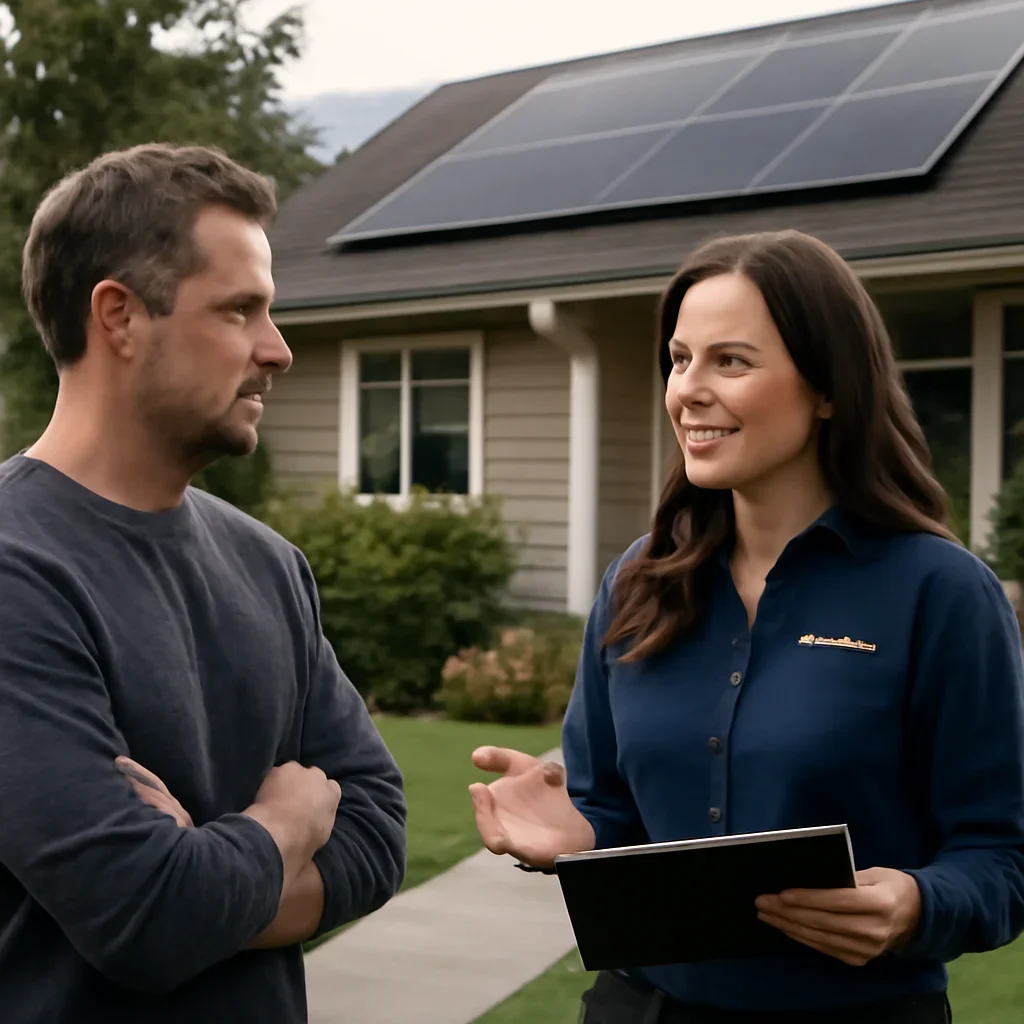 Homeowner and solar advisor discussing next steps for a solar installation
