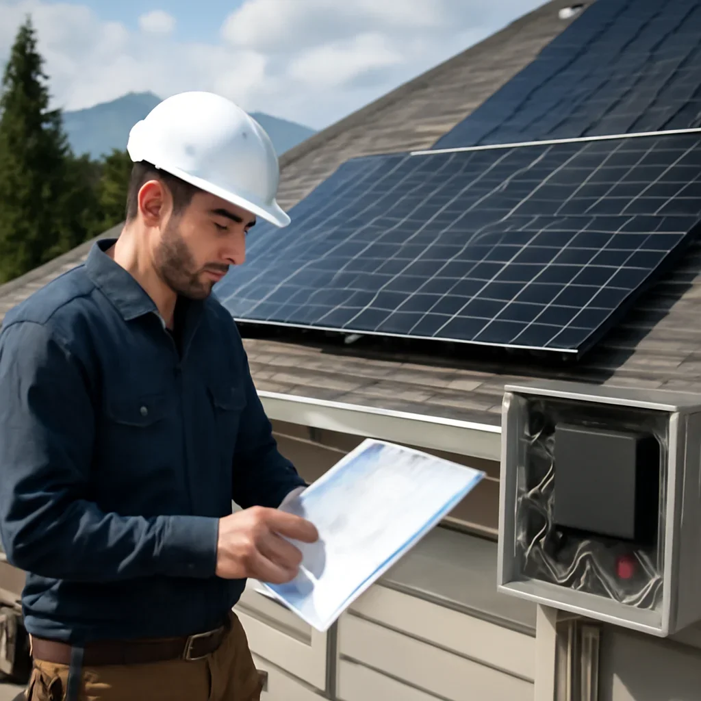 Installer reviewing electrical and roof details for a BC solar system