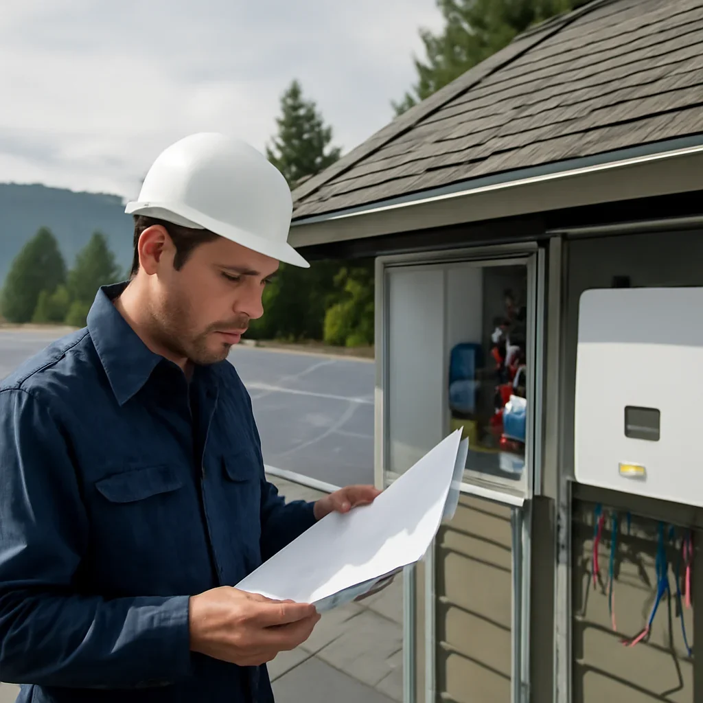 Installer reviewing electrical and roof details for a BC solar system