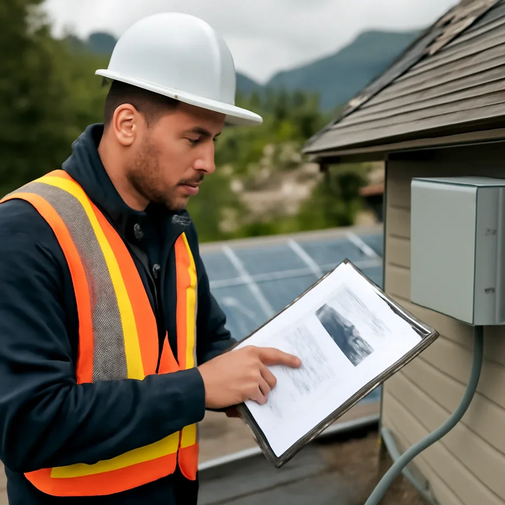 Installer reviewing electrical and roof details for a BC solar system
