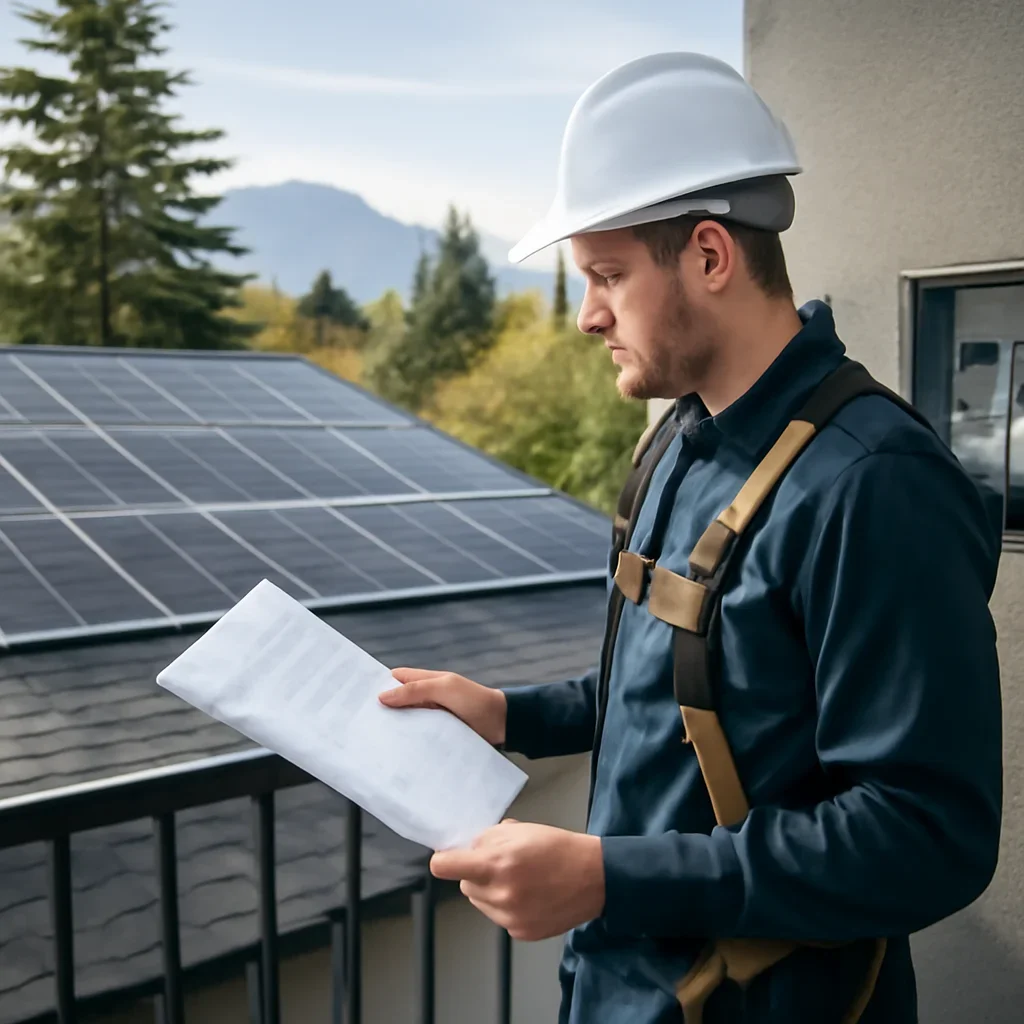 Installer reviewing electrical and roof details for a BC solar system
