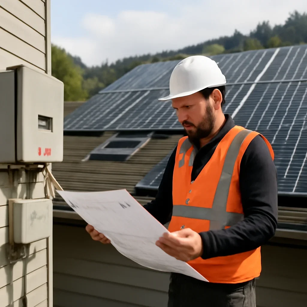 Installer reviewing electrical and roof details for a BC solar system