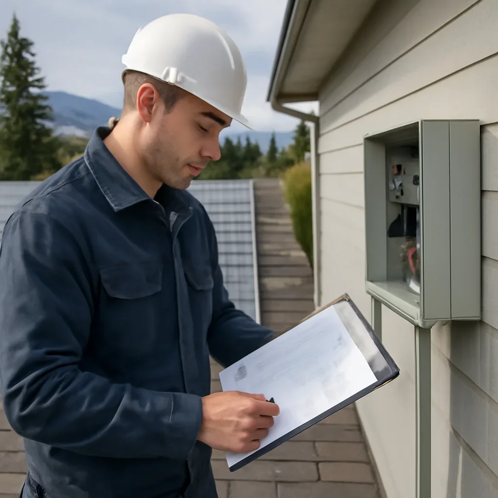 Installer reviewing electrical and roof details for a BC solar system