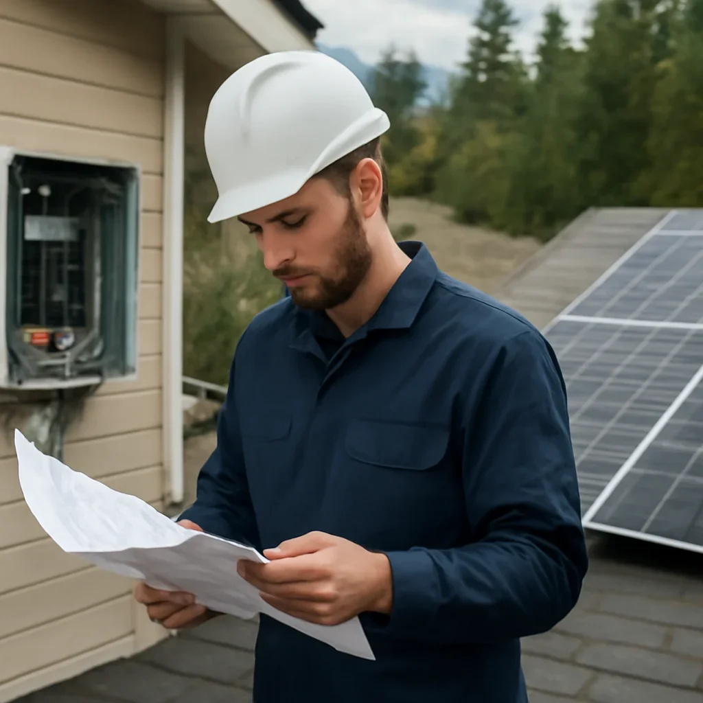 Installer reviewing electrical and roof details for a BC solar system