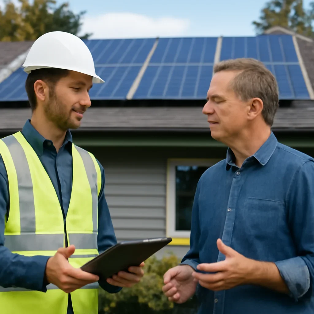 Homeowner and solar advisor discussing next steps for a solar installation