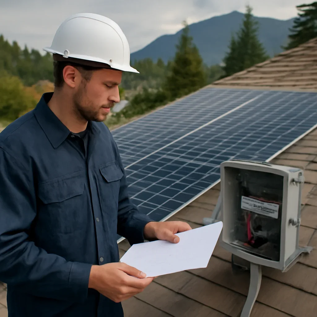 Installer reviewing electrical and roof details for a BC solar system