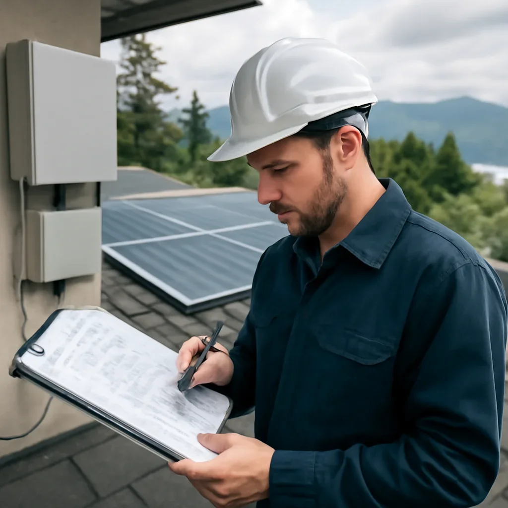Installer reviewing electrical and roof details for a BC solar system