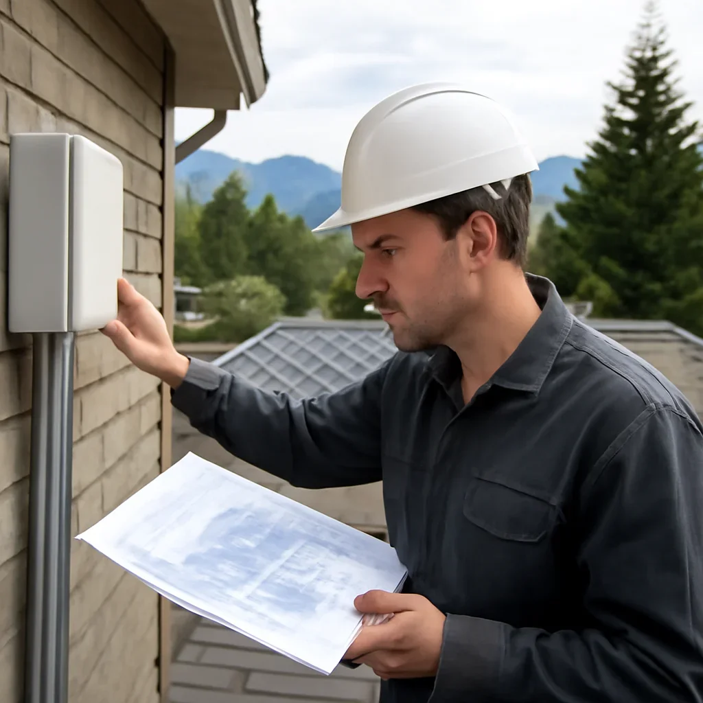 Installer reviewing electrical and roof details for a BC solar system