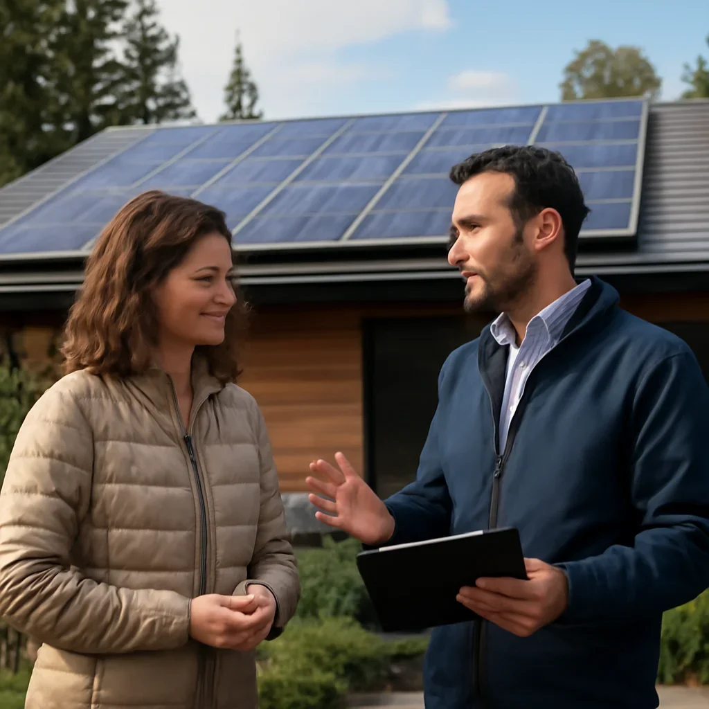 Homeowner and solar advisor discussing next steps for a solar installation